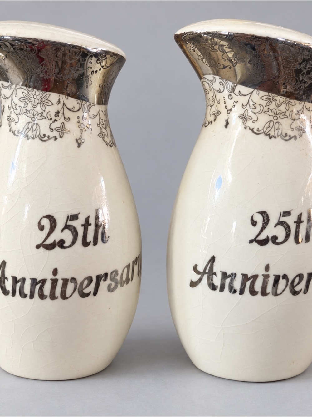 25th Anniversary Ceramic Salt and Pepper Pair in Cream with Silver Trim
